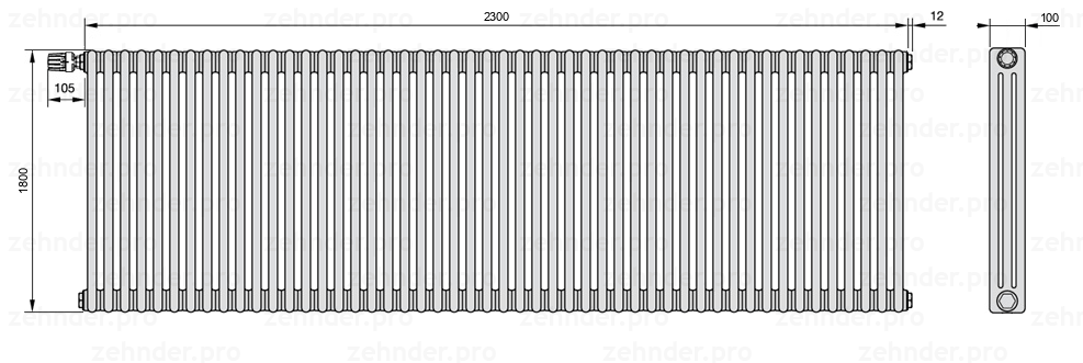 Схема (чертеж) Радиатор Zehnder Charleston 3180/50 №V012 Белый глянцевый RAL 9016